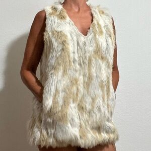 Rewind Beige Gray Tan Faux Fur Long Vest Pockets Festival Rave Unisex Medium